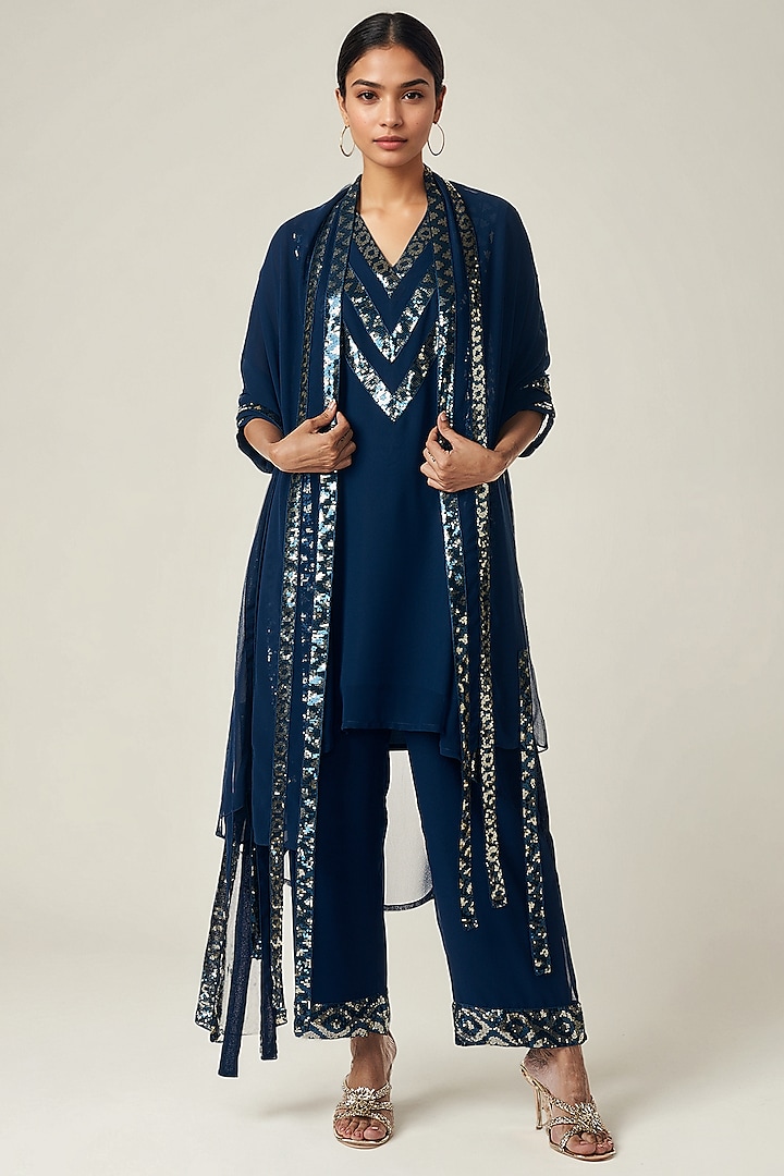 Teal Viscose Georgette Sequins Embellished High-Low Kurta Set by Gulabo By Abu Sandeep at Pernia's Pop Up Shop
