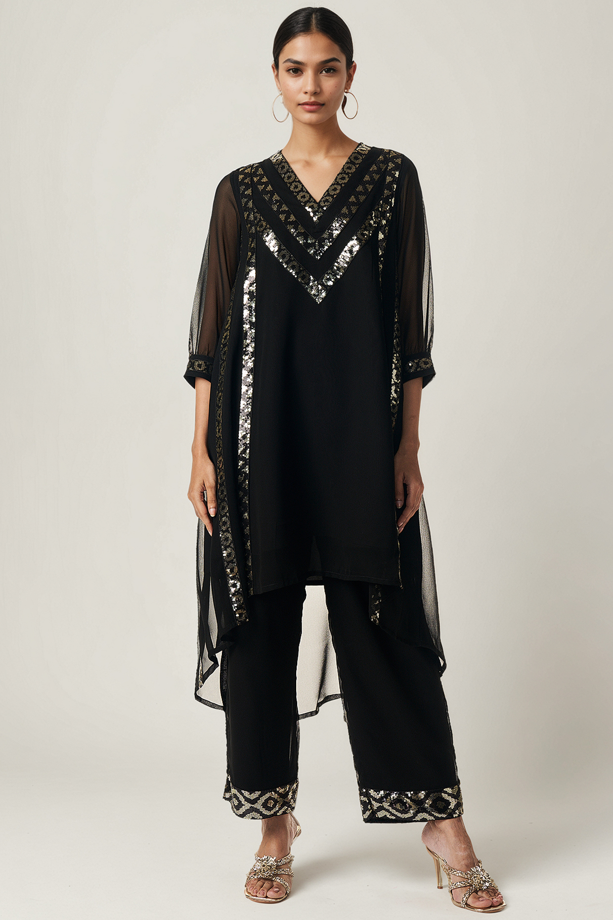 Black Viscose Georgette Sequins Embellished High-Low Kurta Set by Gulabo By Abu Sandeep at Pernia's Pop Up Shop