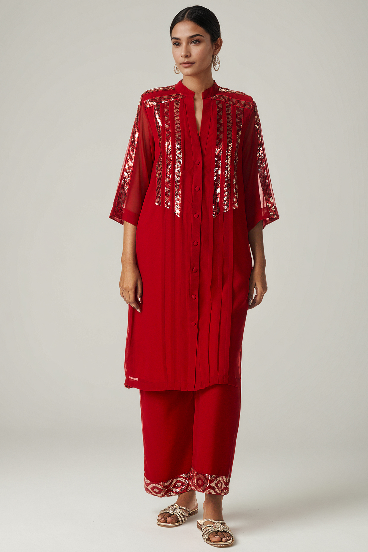 Red Viscose Georgette Sequins Embellished Tunic Set by Gulabo By Abu Sandeep at Pernia's Pop Up Shop