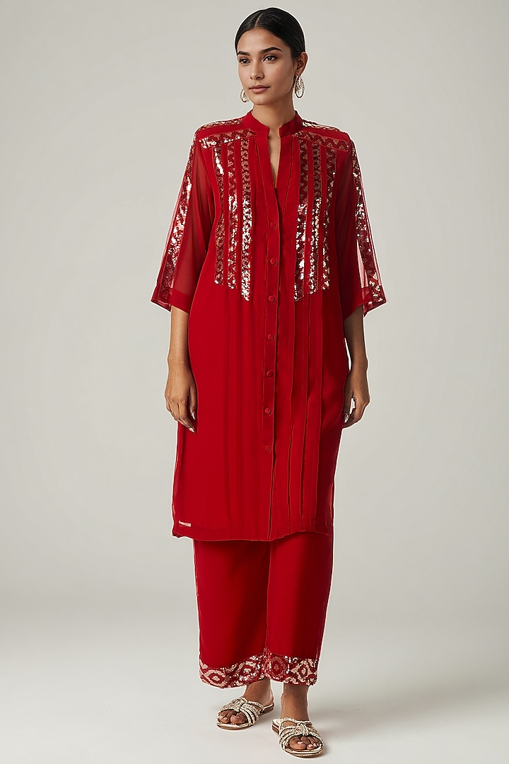 Red Viscose Georgette Sequins Embellished Tunic Set by Gulabo By Abu Sandeep at Pernia's Pop Up Shop