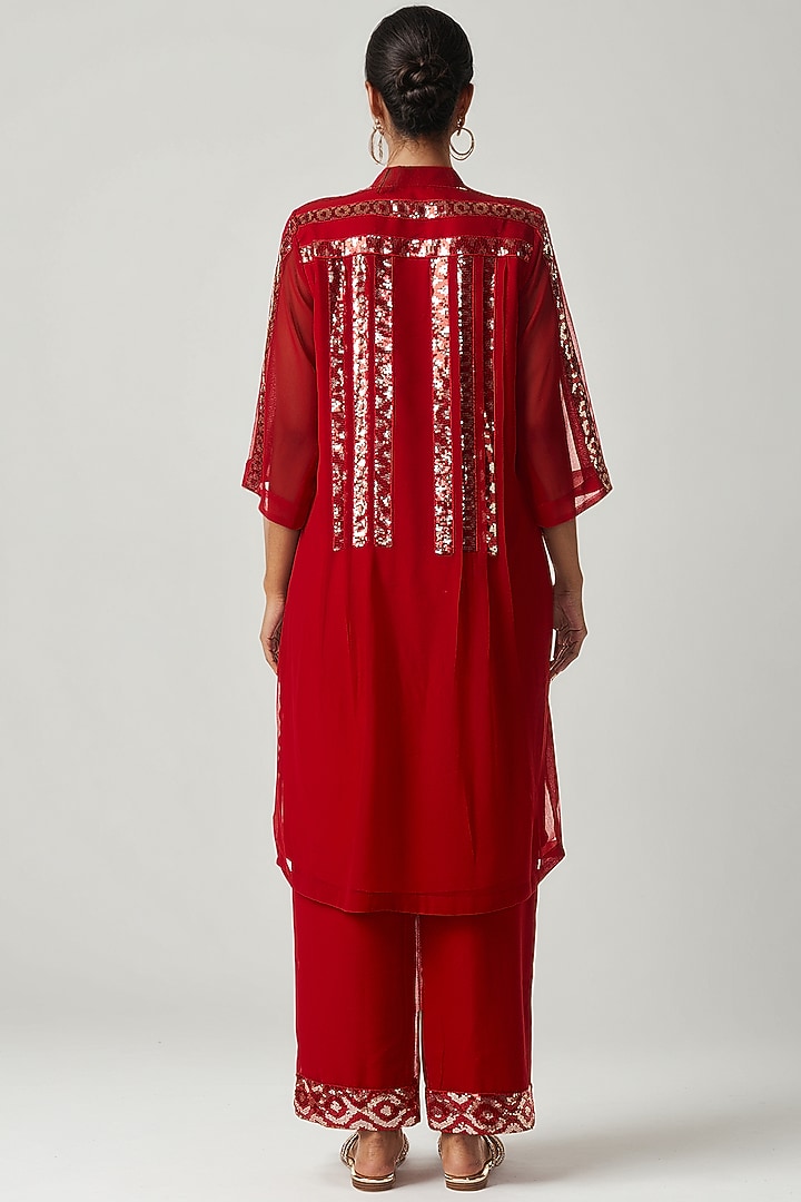 Red Viscose Georgette Sequins Embellished Tunic Set by Gulabo By Abu Sandeep at Pernia's Pop Up Shop