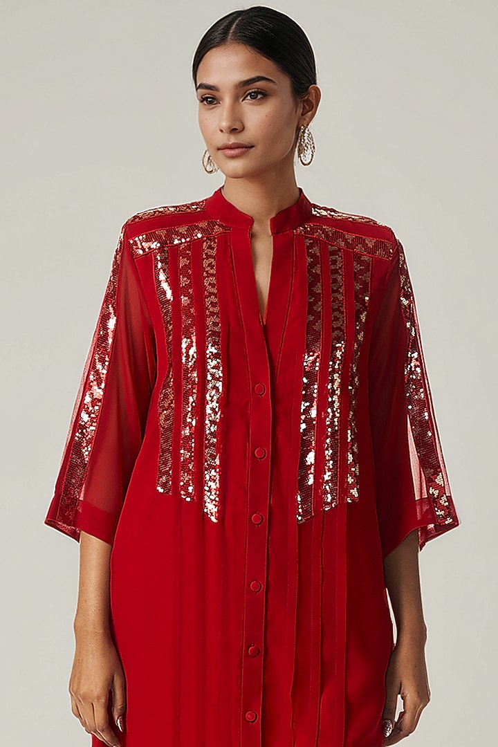 Red Viscose Georgette Sequins Embellished Tunic Set by Gulabo By Abu Sandeep at Pernia's Pop Up Shop