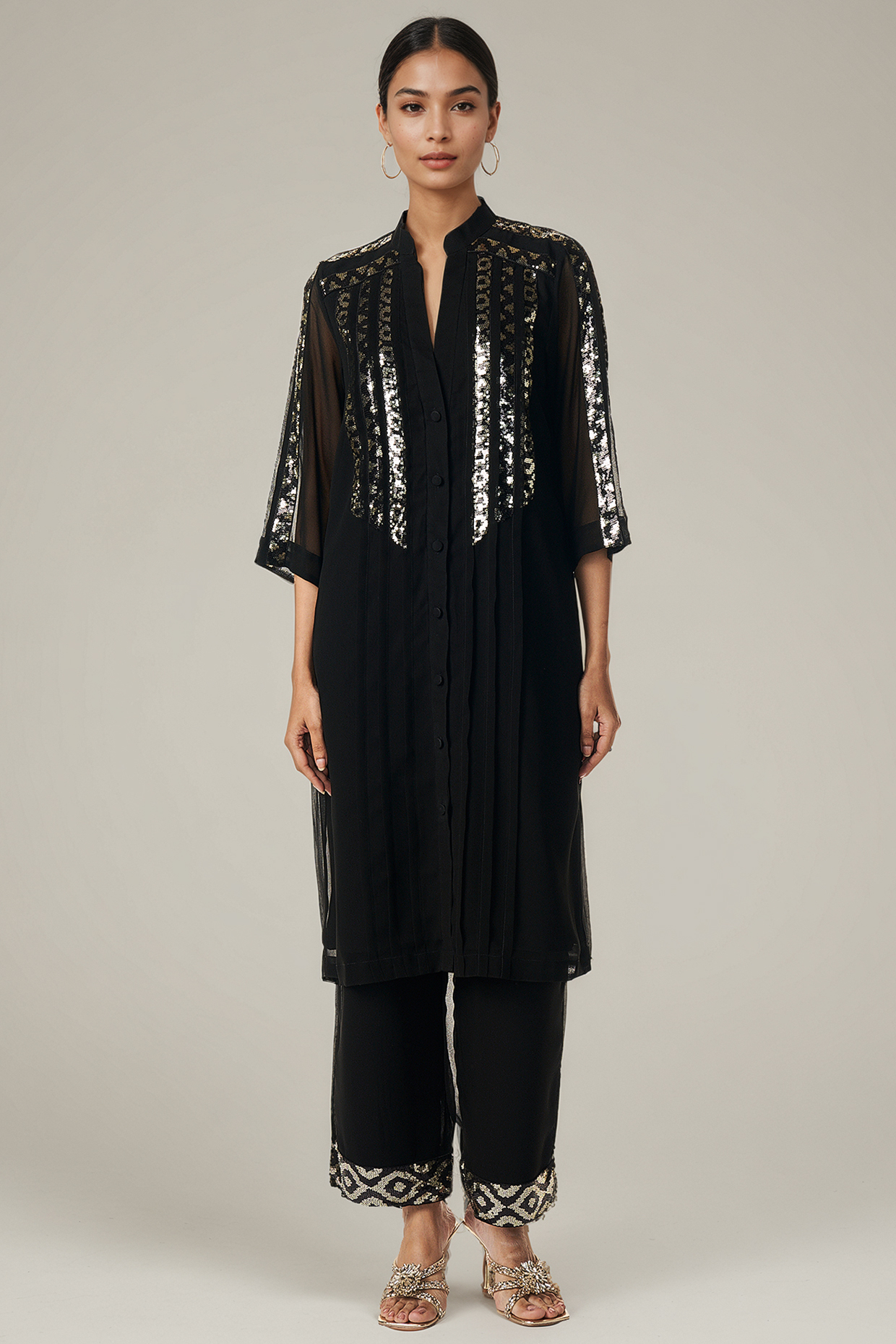Black Viscose Georgette Sequins Embellished Tunic Set by Gulabo By Abu Sandeep at Pernia's Pop Up Shop