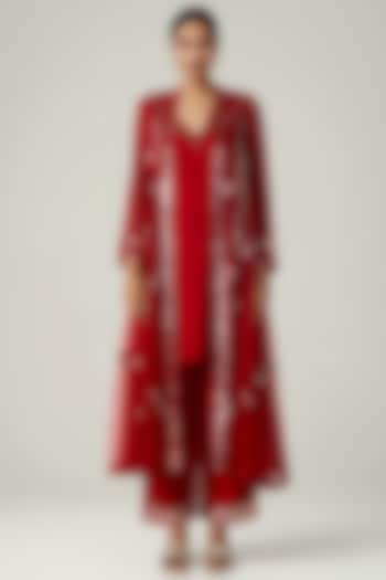 Red Viscose Georgette Sequin Embroidered Coat Set by Gulabo By Abu Sandeep at Pernia's Pop Up Shop