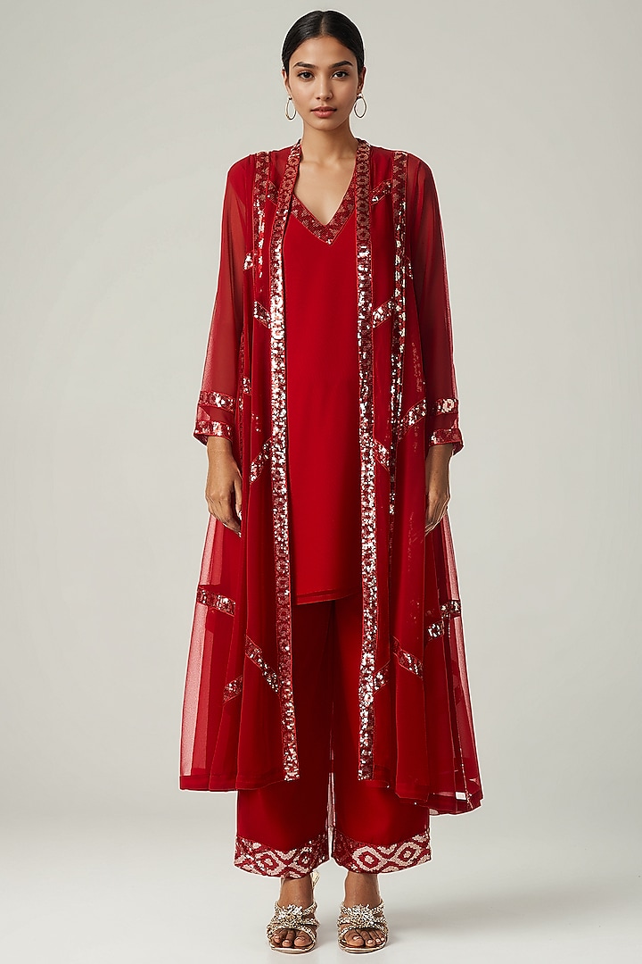 Red Viscose Georgette Sequin Embroidered Coat Set by Gulabo By Abu Sandeep at Pernia's Pop Up Shop