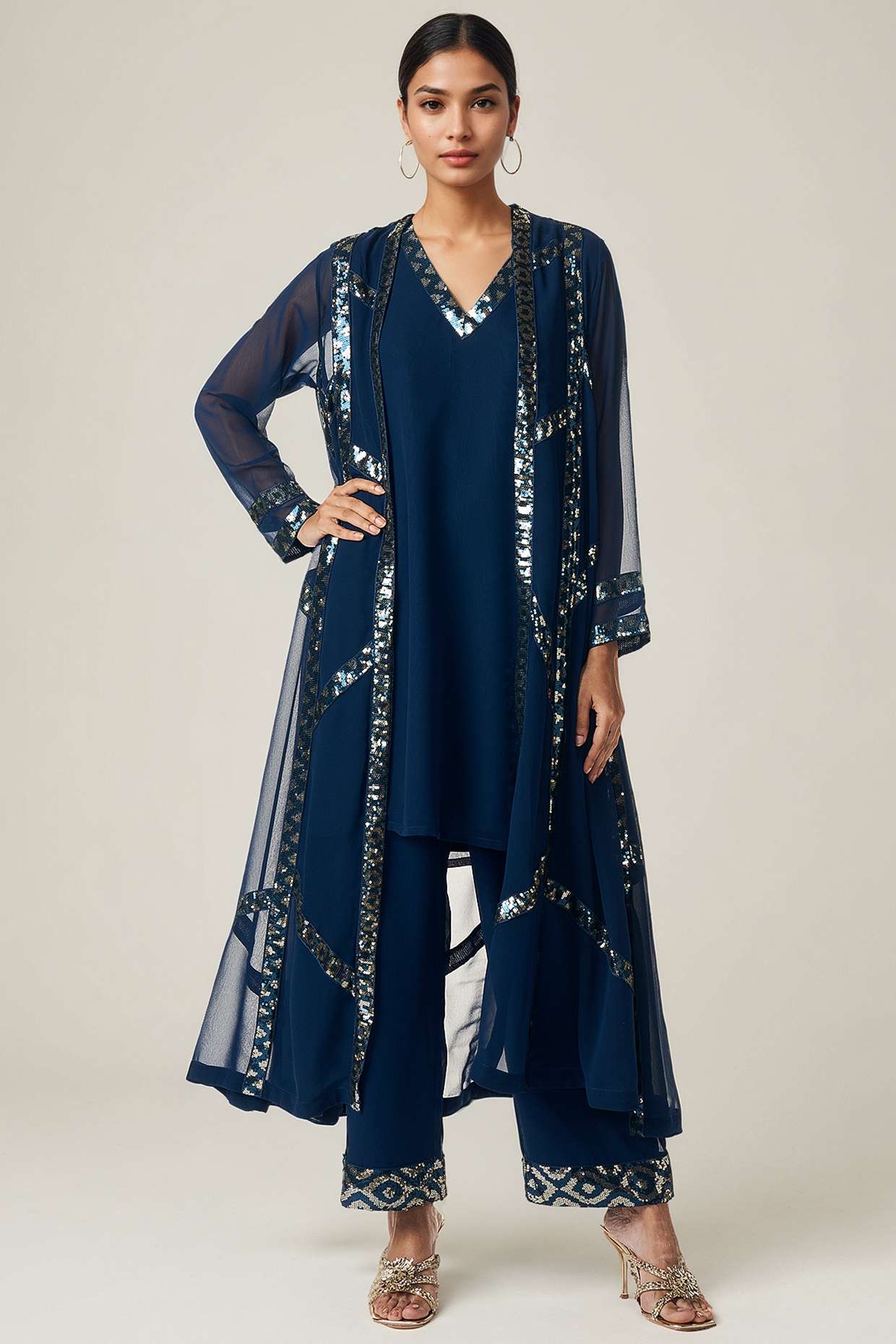 Teal Viscose Georgette Sequin Embroidered Coat Set by Gulabo By Abu Sandeep at Pernia's Pop Up Shop