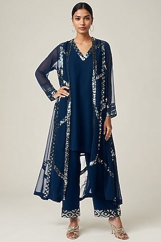 Teal Viscose Georgette Sequin Embroidered Coat Set by Gulabo By Abu Sandeep
