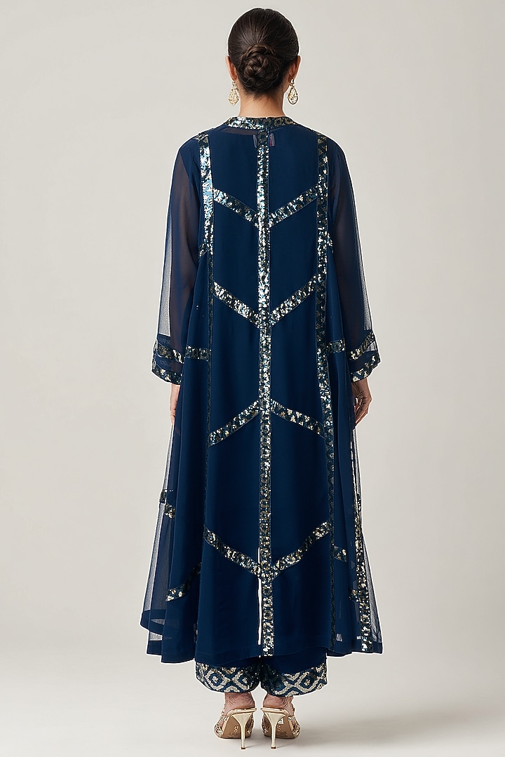 Teal Viscose Georgette Sequin Embroidered Coat Set by Gulabo By Abu Sandeep at Pernia's Pop Up Shop