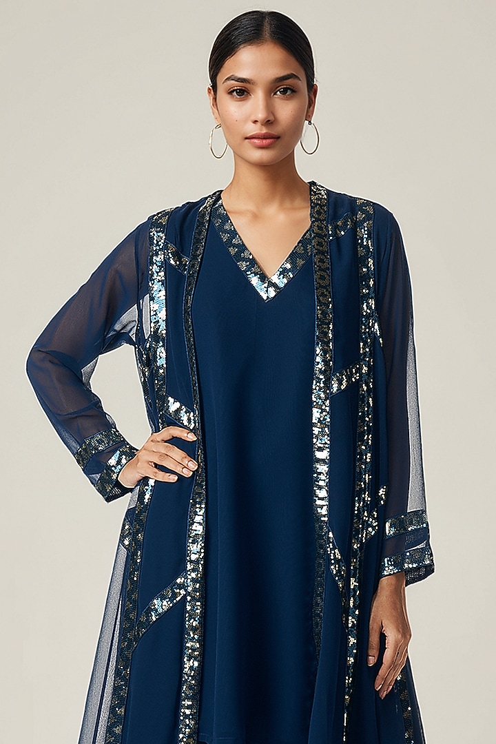 Teal Viscose Georgette Sequin Embroidered Coat Set by Gulabo By Abu Sandeep at Pernia's Pop Up Shop