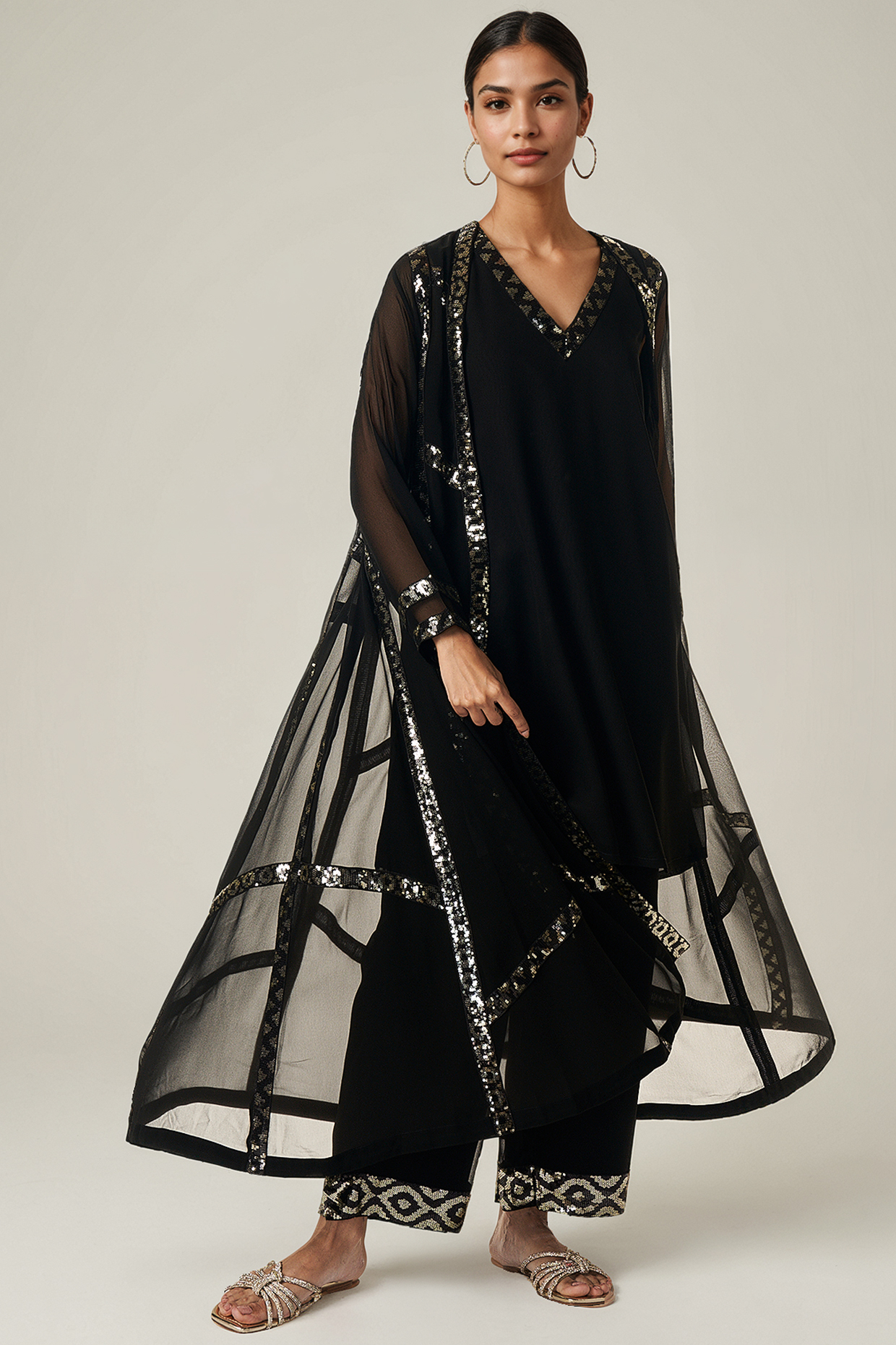 Black Viscose Georgette Sequin Embroidered Coat Set by Gulabo By Abu Sandeep at Pernia's Pop Up Shop