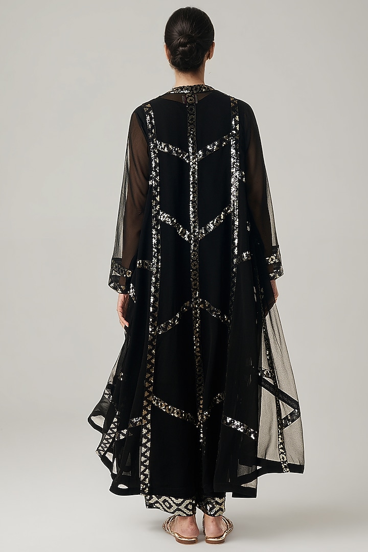 Black Viscose Georgette Sequin Embroidered Coat Set by Gulabo By Abu Sandeep at Pernia's Pop Up Shop