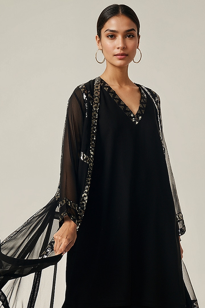 Black Viscose Georgette Sequin Embroidered Coat Set by Gulabo By Abu Sandeep at Pernia's Pop Up Shop