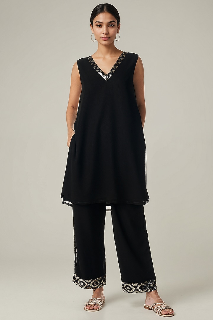 Black Viscose Georgette Sequin Embroidered Coat Set by Gulabo By Abu Sandeep at Pernia's Pop Up Shop