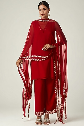 Red Viscose Georgette Sequins Embroidered Dupatta by Gulabo By Abu Sandeep