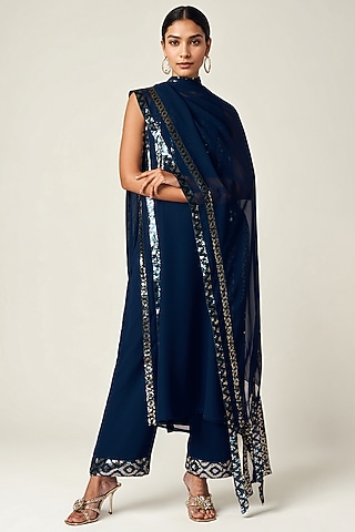 Teal Viscose Georgette Sequins Embroidered Dupatta by Gulabo By Abu Sandeep