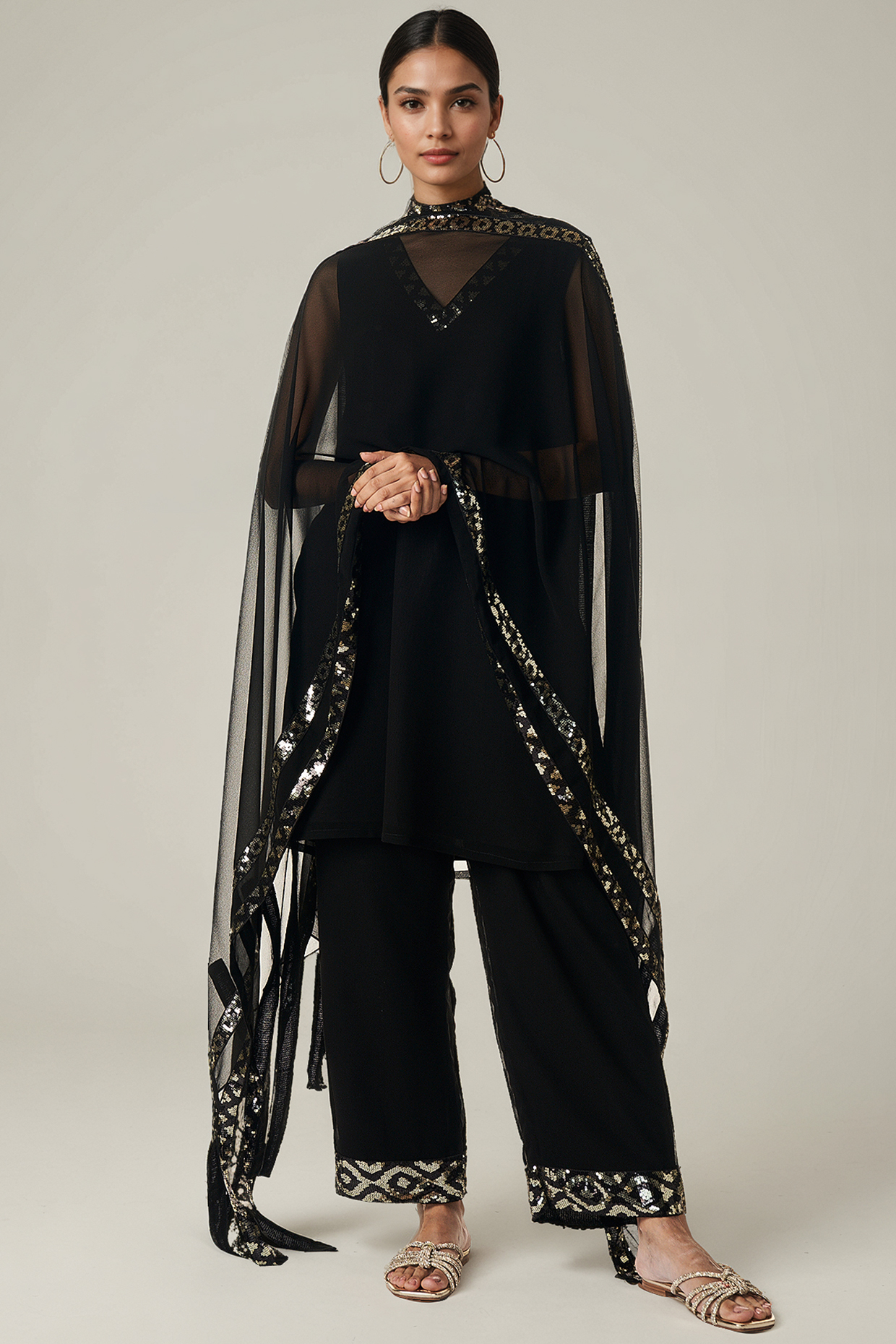 Black Viscose Georgette Sequins Embroidered Dupatta by Gulabo By Abu Sandeep at Pernia's Pop Up Shop