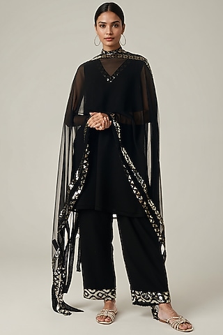 Black Viscose Georgette Sequins Embroidered Dupatta by Gulabo By Abu Sandeep