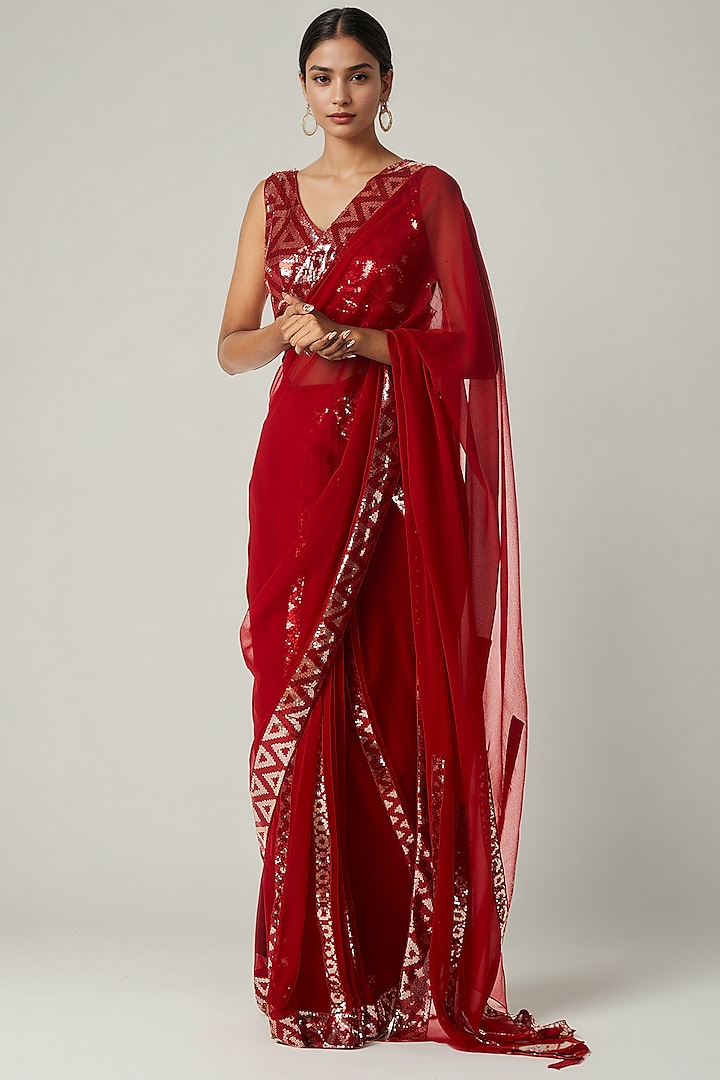 Red Viscose Georgette Sequin Embroidered Party Wear Saree by Gulabo By Abu Sandeep at Pernia's Pop Up Shop