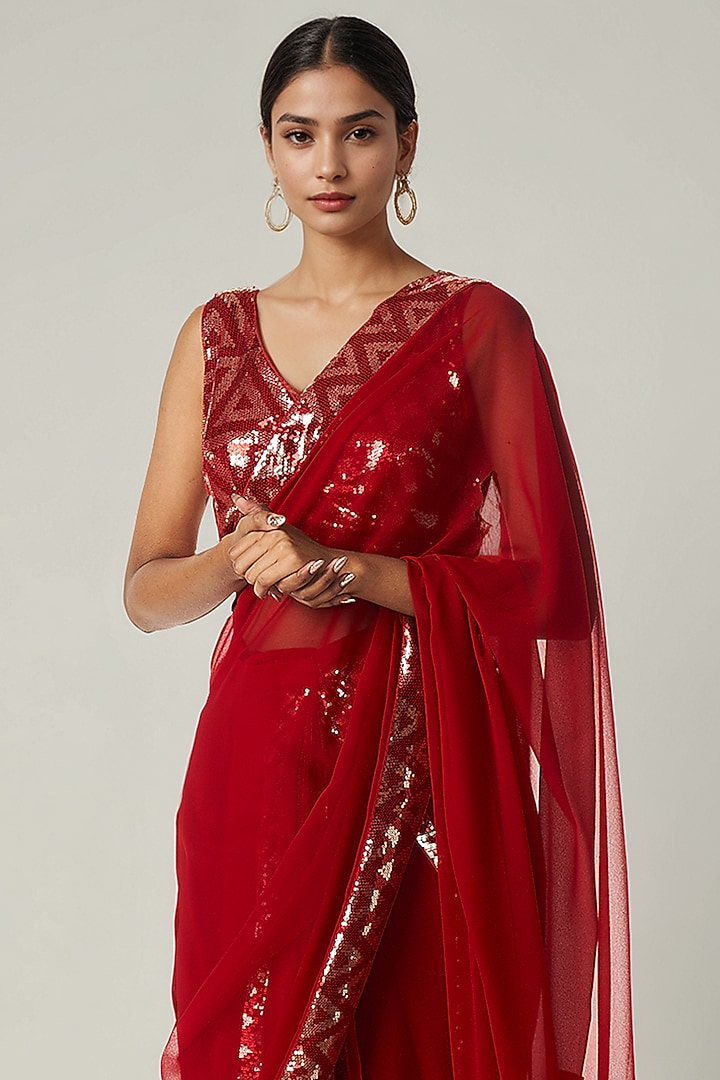 Red Viscose Georgette Sequin Embroidered Party Wear Saree by Gulabo By Abu Sandeep at Pernia's Pop Up Shop