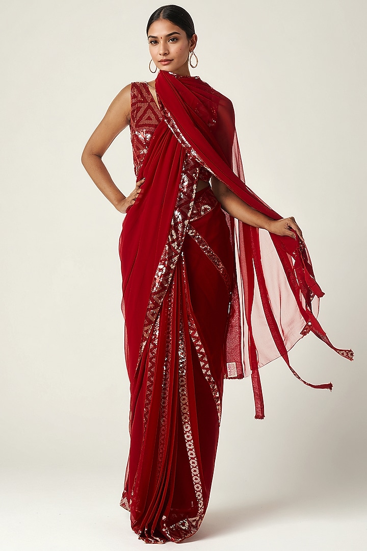 Red Viscose Georgette Sequin Embroidered Party Wear Saree by Gulabo By Abu Sandeep at Pernia's Pop Up Shop