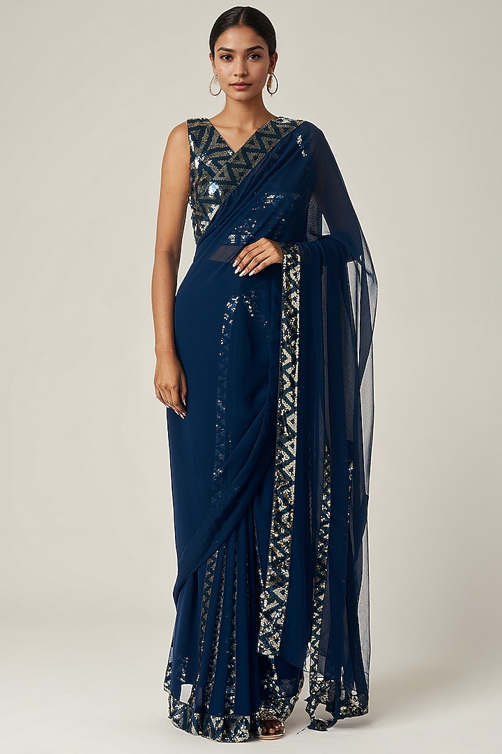Teal Viscose Georgette Sequin Embroidered Party Wear Saree by Gulabo By Abu Sandeep at Pernia's Pop Up Shop