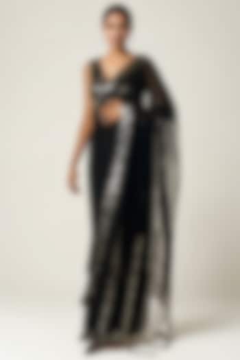 Black Viscose Georgette Sequin Embroidered Saree by Gulabo By Abu Sandeep at Pernia's Pop Up Shop