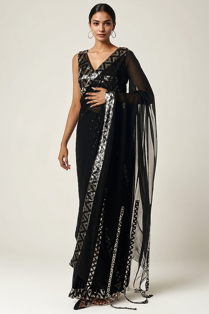 Black Viscose Georgette Sequin Embroidered Saree by Gulabo By Abu Sandeep at Pernia's Pop Up Shop
