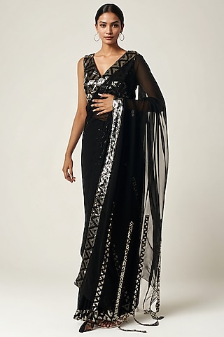 Black Viscose Georgette Sequin Embroidered Saree by Gulabo By Abu Sandeep