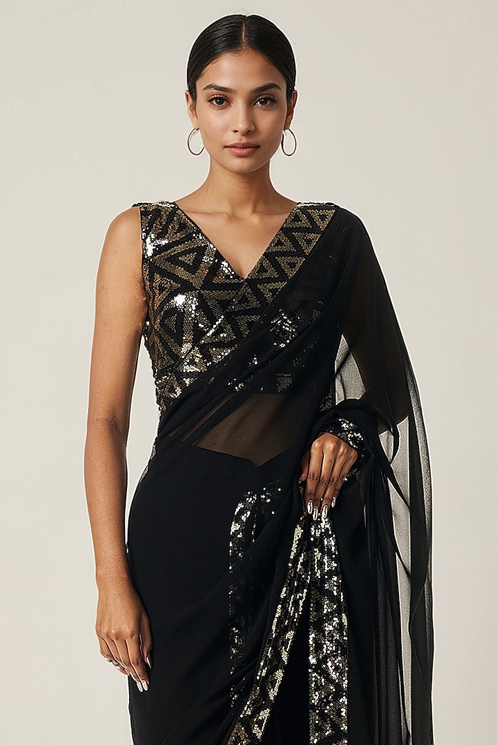 Black Viscose Georgette Sequin Embroidered Party Wear Saree by Gulabo By Abu Sandeep at Pernia's Pop Up Shop