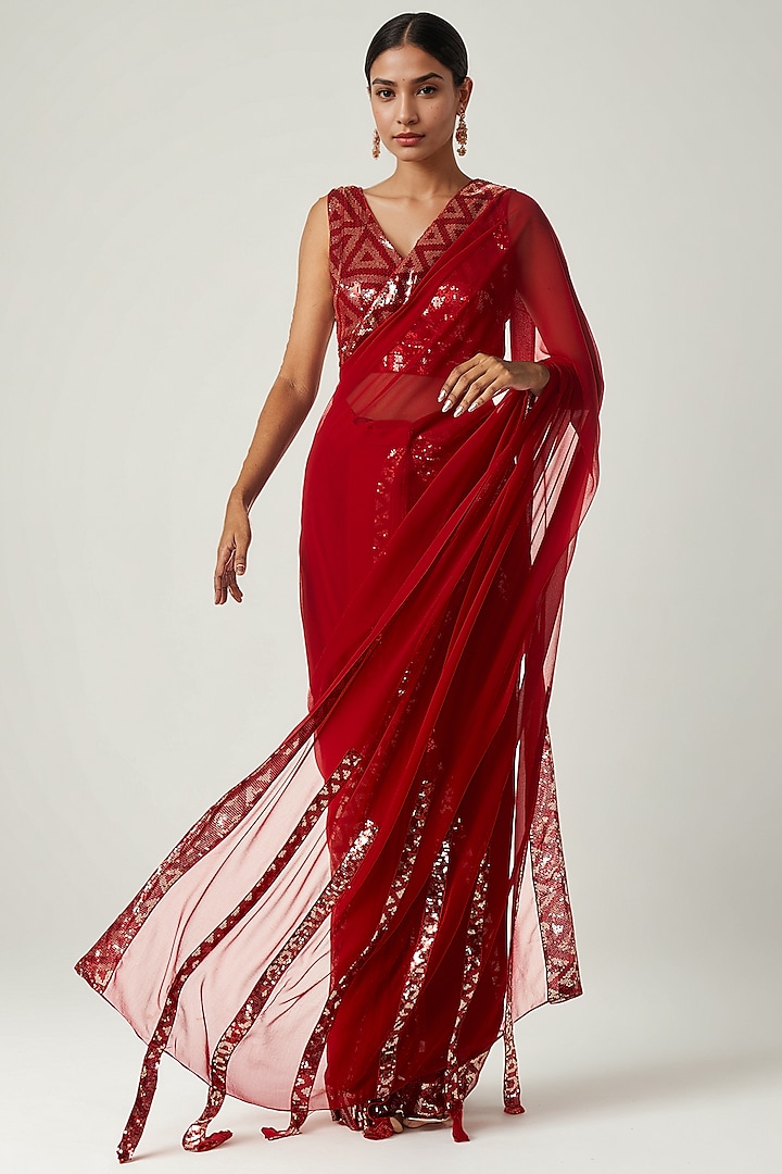 Red Viscose Georgette Sequin Embroidered Blouse by Gulabo By Abu Sandeep at Pernia's Pop Up Shop