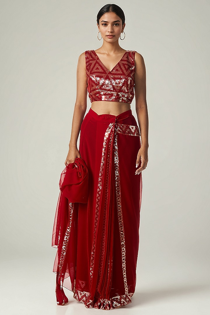 Red Viscose Georgette Sequin Embroidered Blouse by Gulabo By Abu Sandeep at Pernia's Pop Up Shop