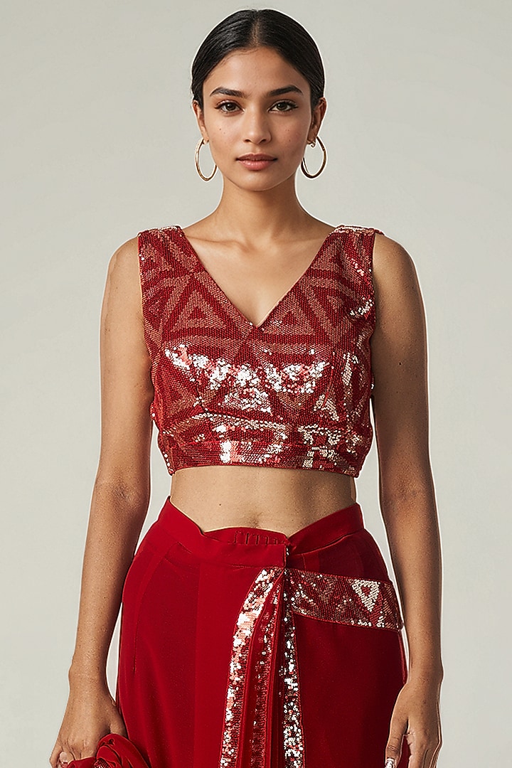 Red Viscose Georgette Sequin Embroidered Blouse by Gulabo By Abu Sandeep at Pernia's Pop Up Shop