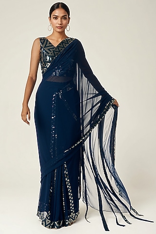 Teal Viscose Georgette Sequin Embroidered Blouse by Gulabo By Abu Sandeep