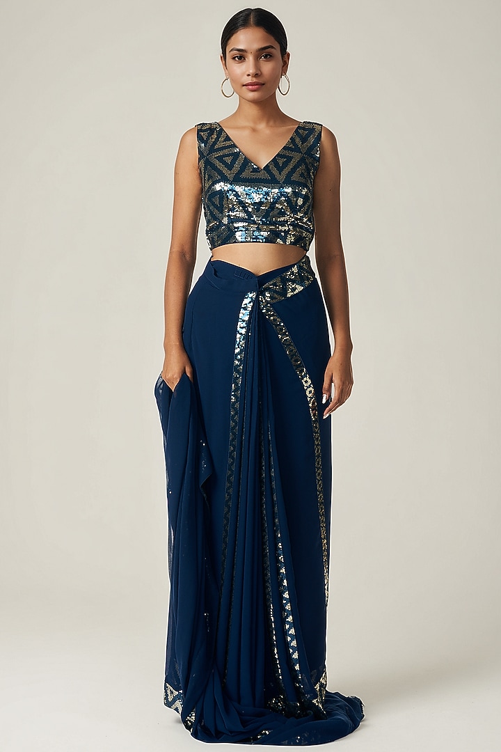 Teal Viscose Georgette Sequin Embroidered Blouse by Gulabo By Abu Sandeep at Pernia's Pop Up Shop