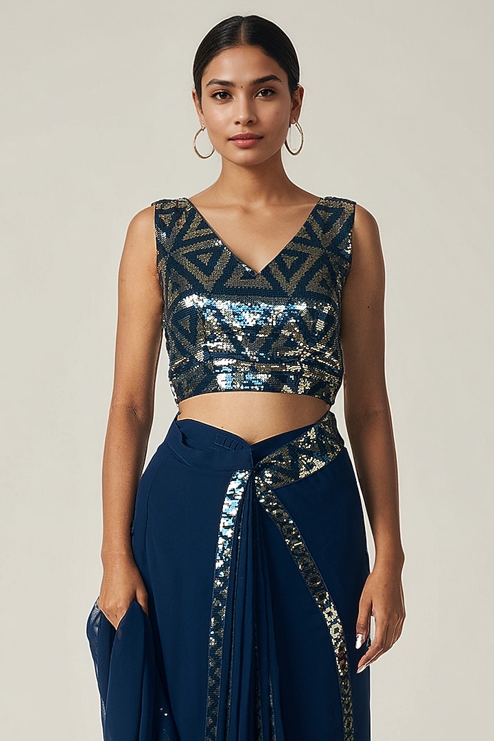 Teal Viscose Georgette Sequin Embroidered Blouse by Gulabo By Abu Sandeep at Pernia's Pop Up Shop