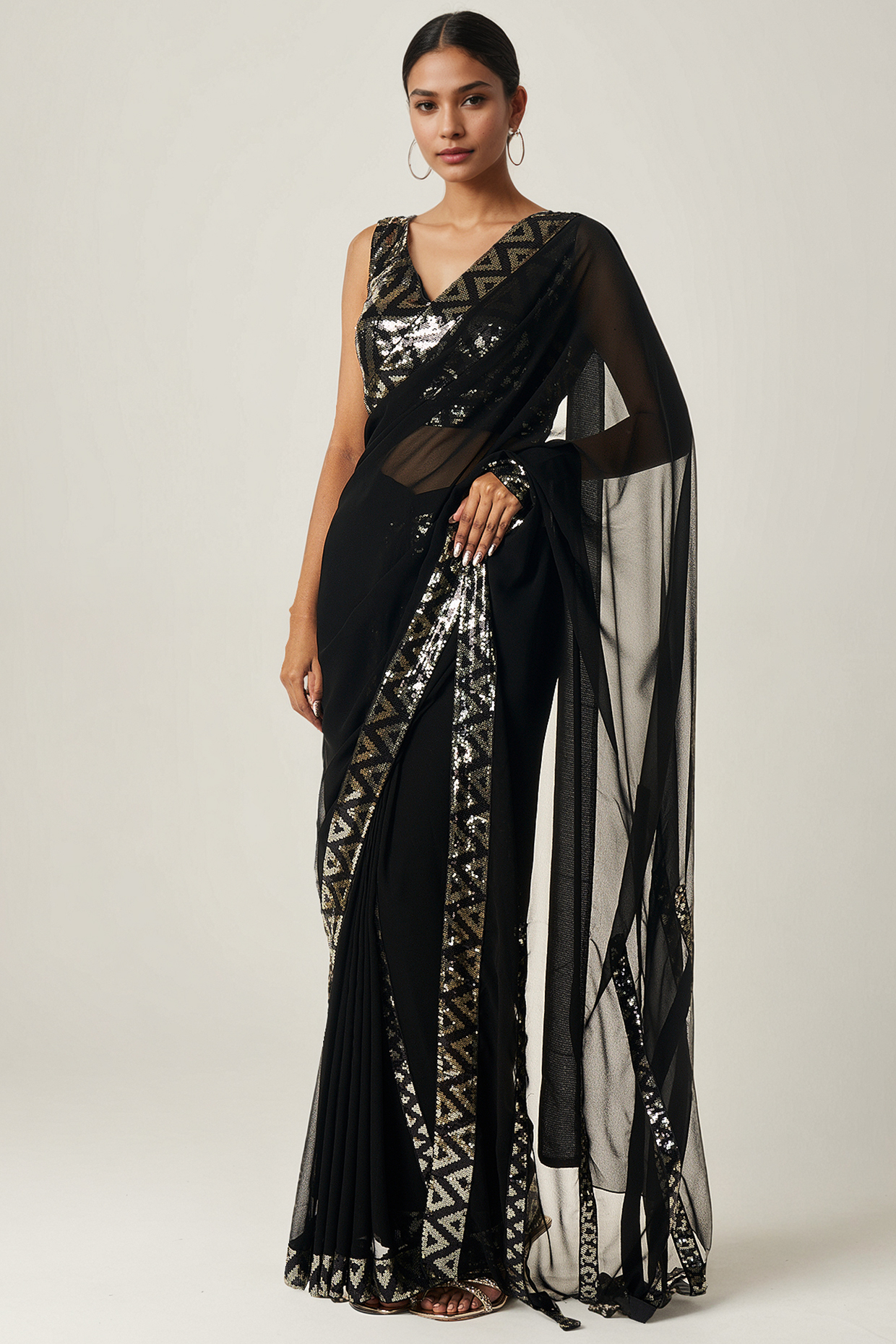 Black Viscose Georgette Sequin Embroidered Blouse by Gulabo By Abu Sandeep at Pernia's Pop Up Shop
