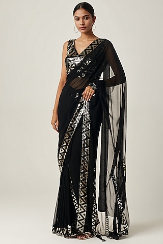 Black Viscose Georgette Sequin Embroidered Blouse by Gulabo By Abu Sandeep