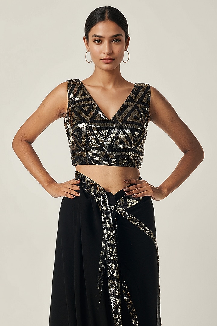 Black Viscose Georgette Sequin Embroidered Blouse by Gulabo By Abu Sandeep at Pernia's Pop Up Shop