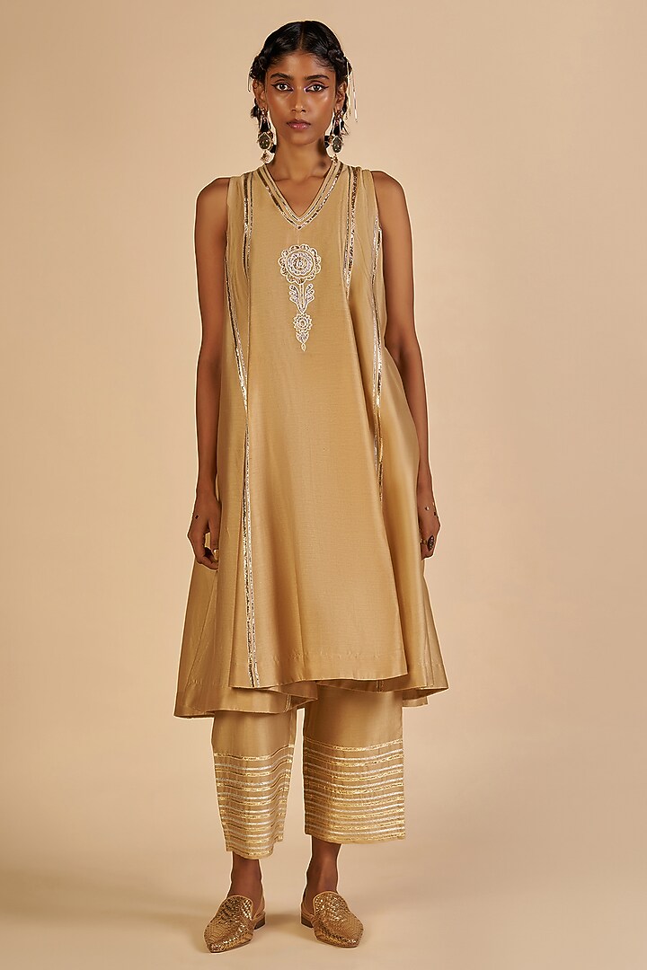 Beige Chanderi Pants by Gulabo By Abu Sandeep at Pernia's Pop Up Shop