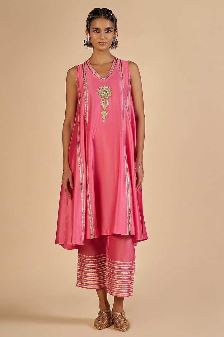 Pink Chanderi Wedding Anarkali by Gulabo By Abu Sandeep at Pernia's Pop Up Shop