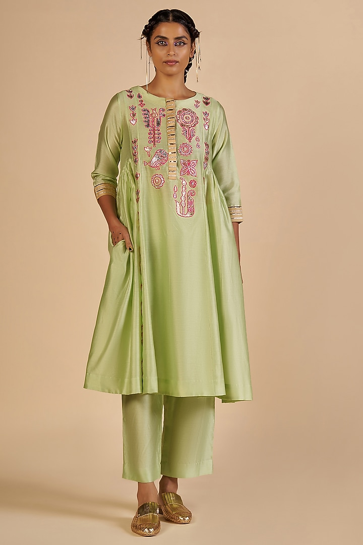 Green Chanderi Pants by Gulabo By Abu Sandeep at Pernia's Pop Up Shop