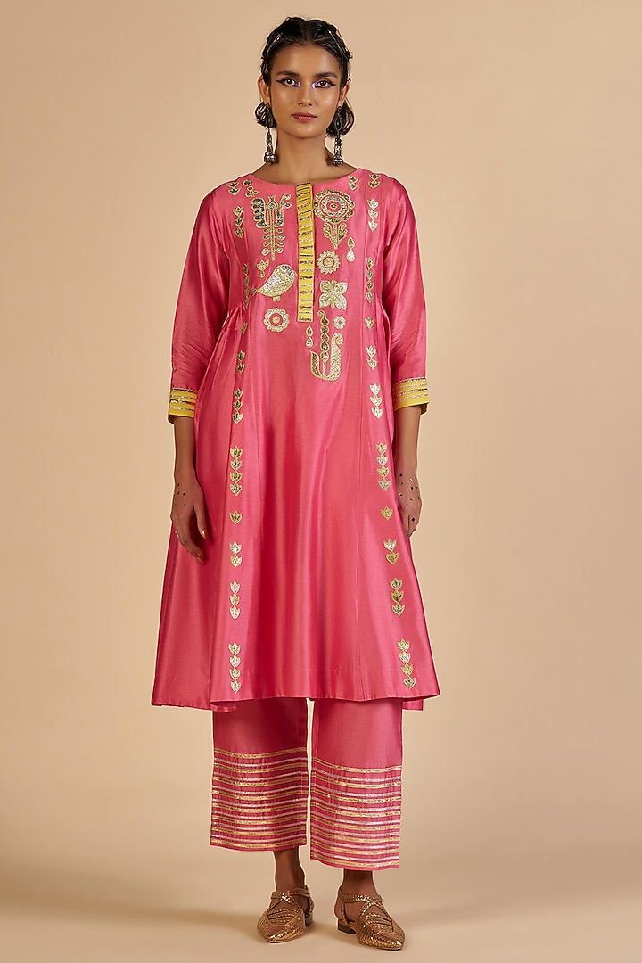 Pink Chanderi Party Wear Anarkali by Gulabo By Abu Sandeep at Pernia's Pop Up Shop