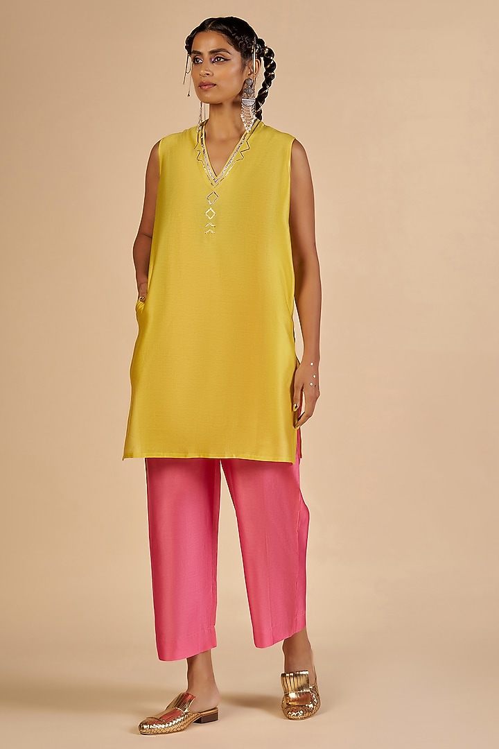 Yellow Chanderi Tunic by Gulabo By Abu Sandeep at Pernia's Pop Up Shop