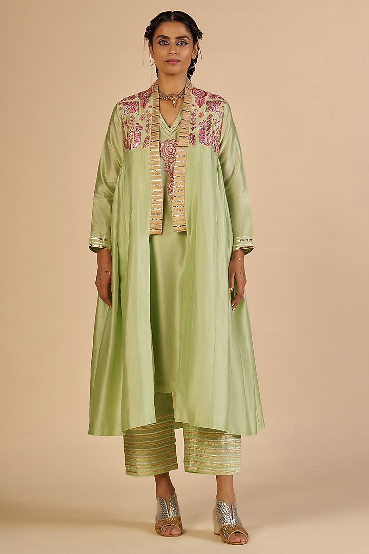 Green Chanderi Coat by Gulabo By Abu Sandeep at Pernia's Pop Up Shop