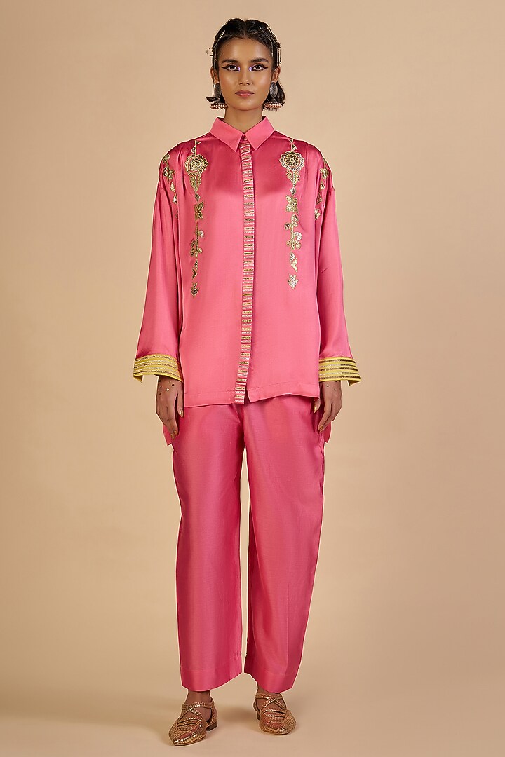 Pink Chanderi Shirt by Gulabo By Abu Sandeep at Pernia's Pop Up Shop