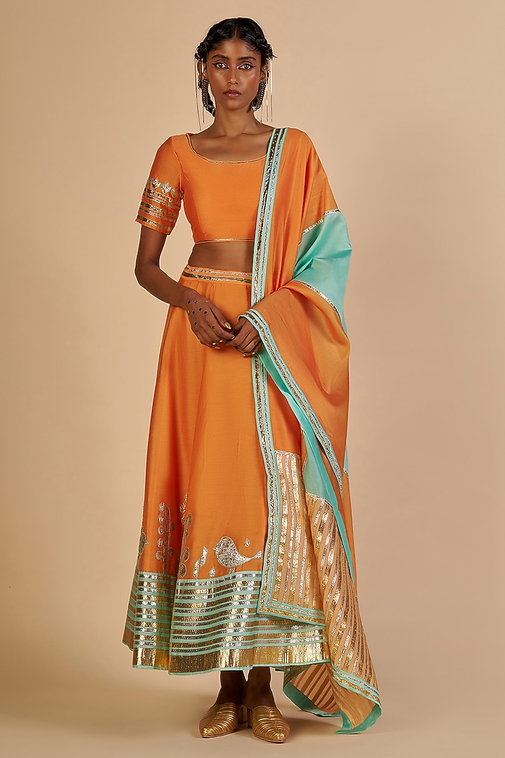 Orange Chanderi Skirt by Gulabo By Abu Sandeep at Pernia's Pop Up Shop