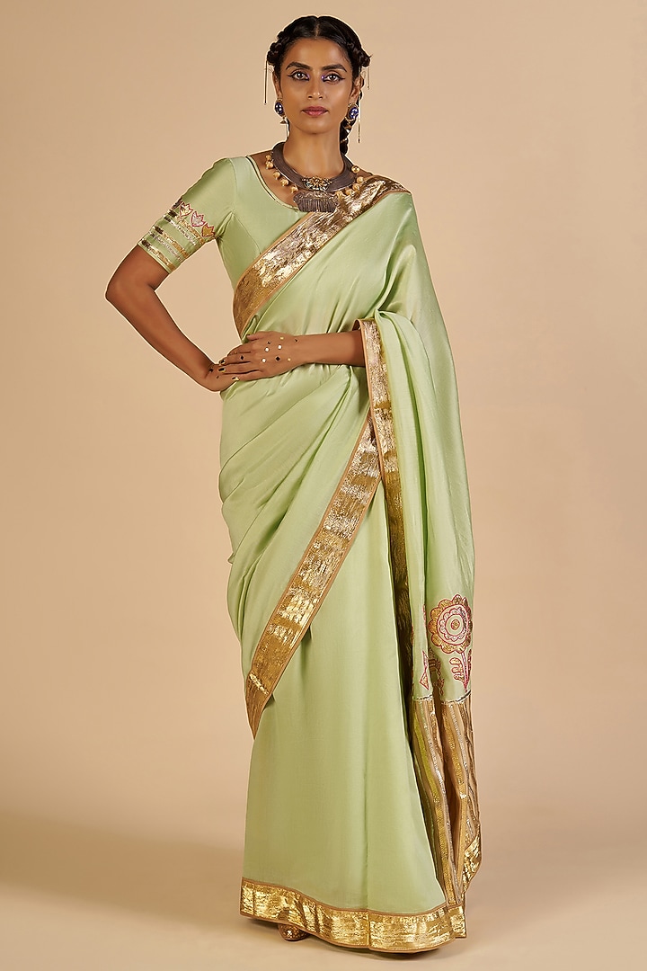 Green Chanderi Wedding Saree by Gulabo By Abu Sandeep at Pernia's Pop Up Shop