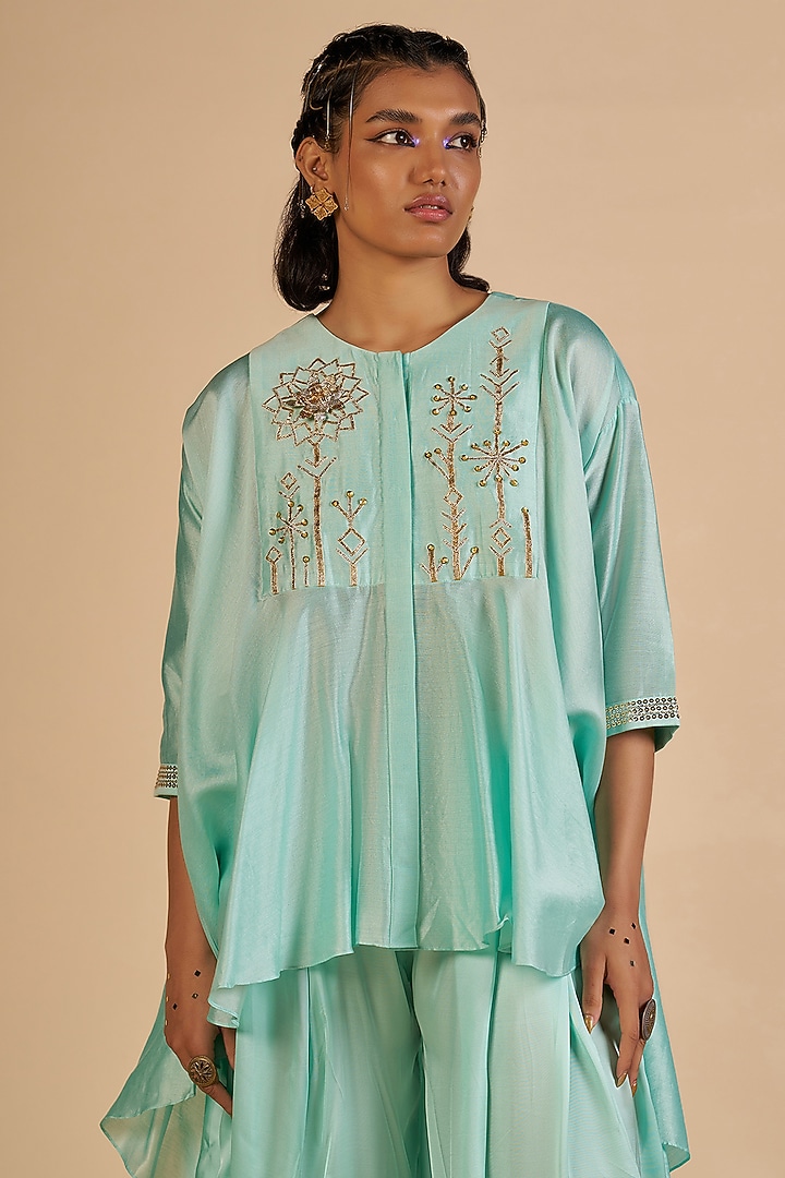 Aqua Chanderi Shirt by Gulabo By Abu Sandeep at Pernia's Pop Up Shop