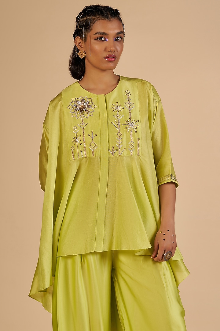 Lime Green Chanderi Shirt by Gulabo By Abu Sandeep at Pernia's Pop Up Shop