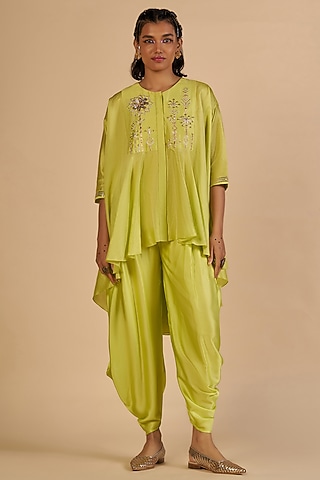 Lime Green Chanderi Dhoti Pants by Gulabo By Abu Sandeep